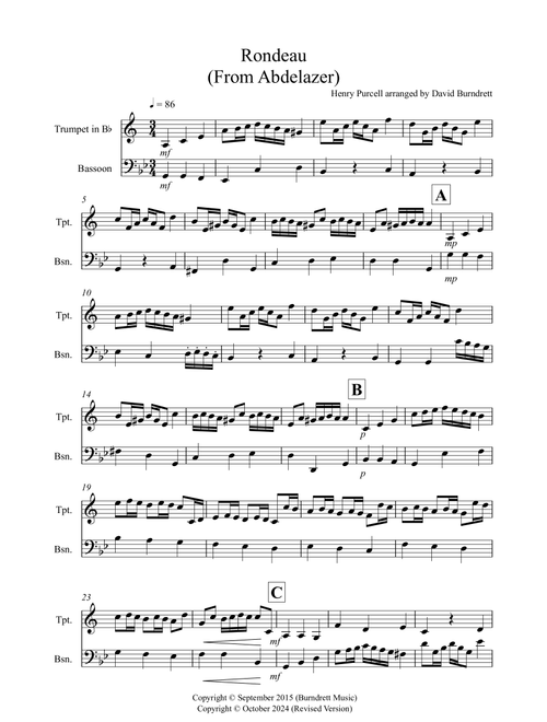 Rondeau (from Abdelazer) for Trumpet and Bassoon Duet (Arr. David Burndrett) - Henry Purcell (Instrumental Duet)