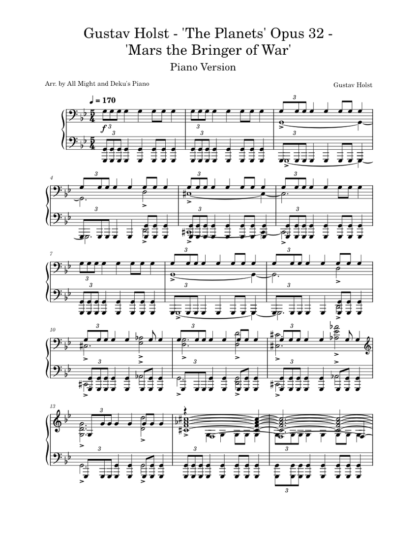 Mars, the Bringer of War – Gustav Holst (Piano Version) Sheet
