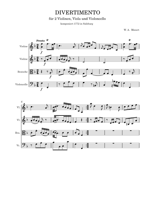 W. A. Mozart - Divertimento - F Major - KV138-3-Presto