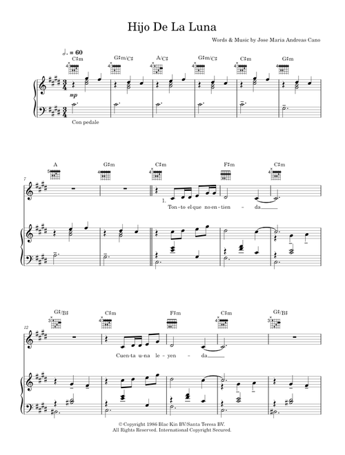 Hijo De La Luna - Mecano (Piano-Vocal-Guitar (Piano Accompaniment))