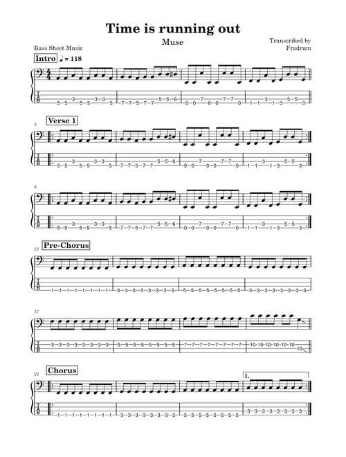 Time is running out – Muse - Bass Sheet Music + TAB