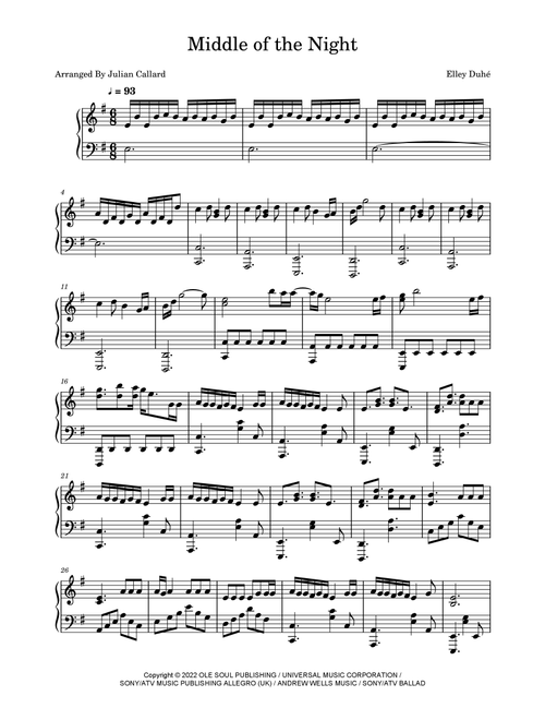 Middle Of The Night (Arr. Julian Callard) - Elley Duhe (Piano Solo)