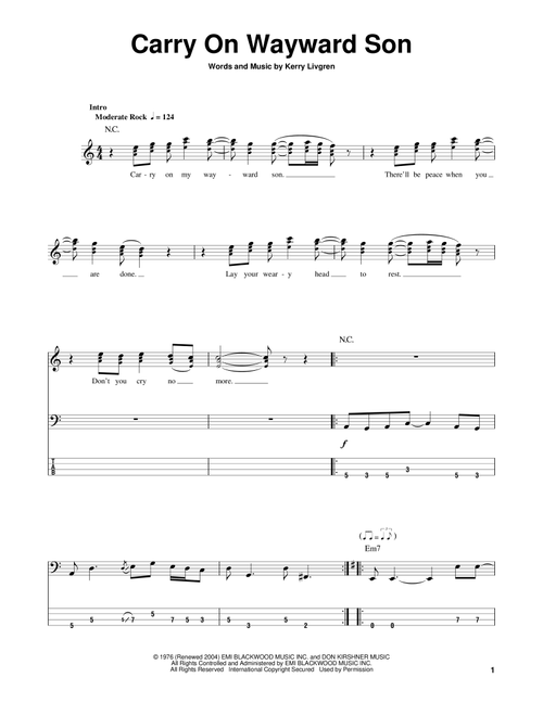 Carry On Wayward Son - Kansas (Bass Tab)