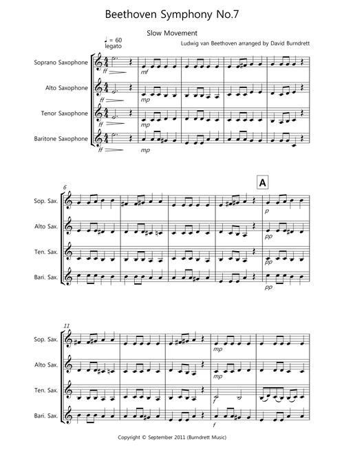 Beethoven Symphony No.7 (slow movement) for Saxophone Quartet (Arr. David Burndrett) - Ludwig van Beethoven (Woodwind Ensemble)