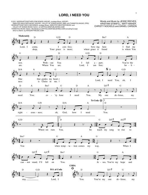 Lord, I Need You - Matt Maher (Lead Sheet - Fake Book)