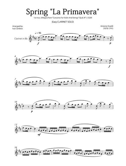 "Spring" (La Primavera) by Vivaldi - Easy version for CLARINET SOLO (Arr. Iury Cardoso) - Antonio Vivaldi (Clarinet Solo)