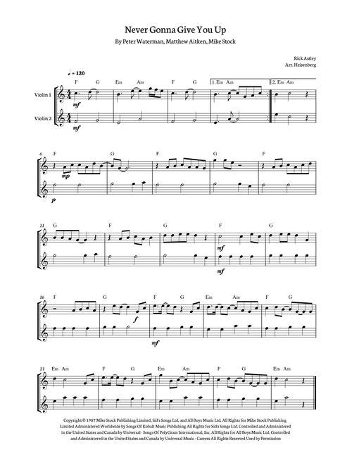 Never Gonna Give You Up (Arr. Heisenberg) - Rick Astley (Violin Duet)