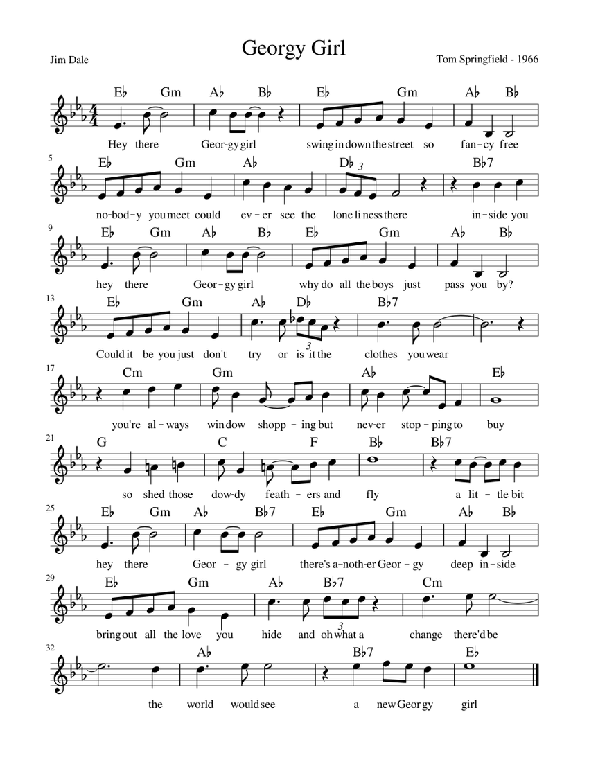 Georgy Girl Sheet Music with Chords for Piano (Solo) | MuseScore.com