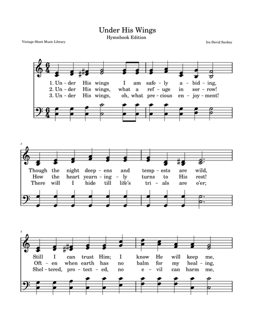 Under His Wings Hymnbook Version | Key of C | Large Print (Arr. Vintage Sheet Music Library) - Ira Sankey (Piano-Vocal-Guitar (Piano Accompaniment))