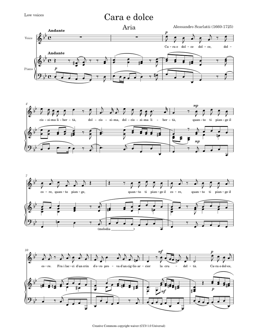 Scarlatti, Alessandro - Cara e dolce – Low Sheet music for Scarlatti, Alessandro - Cara e dolce – Low Sheet music for