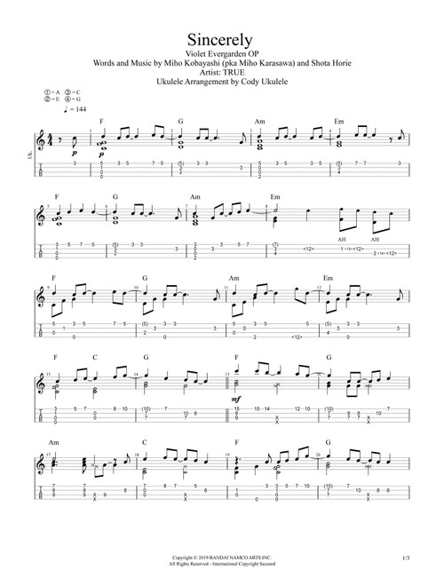Sincerely (Arr. Cody Ukulele) - True (Ukulele)