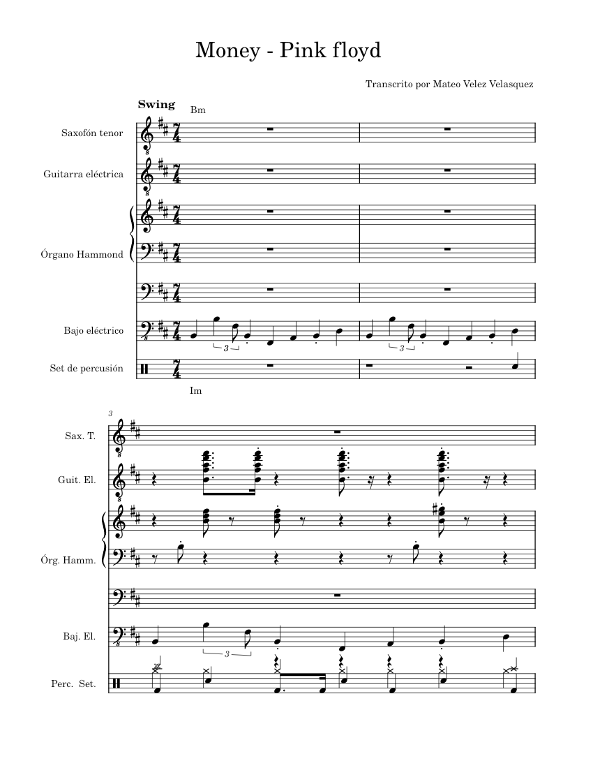 Money – Pink Floyd Sheet music for Organ, Saxophone tenor, Guitar, Bass ...