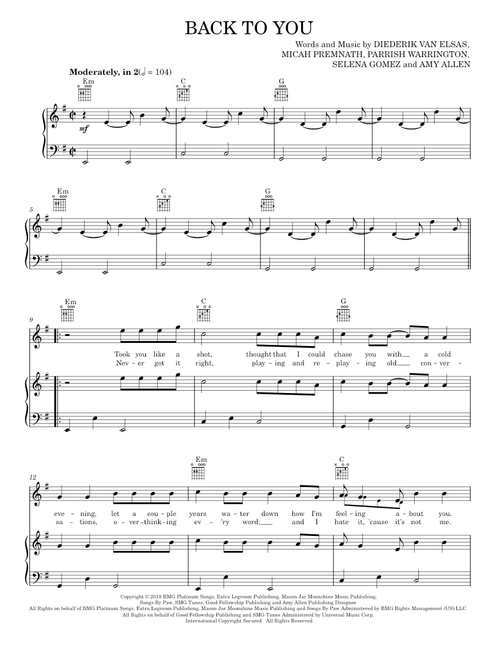 Back to you - Selena Gomez (Piano-Vocal-Guitar)