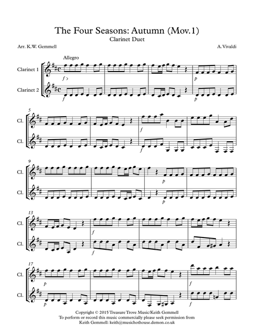 The Four Seasons - Autumn (Mov.1): Clarinet Duet (Arr. Keith Gemmell) - A, Vivaldi (Clarinet Duet)