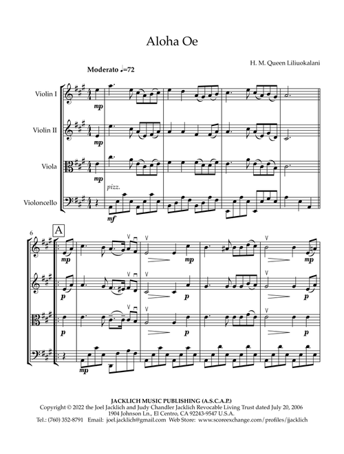 Aloha Oe (arr. for String Quartet) (Arr. Joel Jacklich (ASCAP)) - H M Queen Liliuokalani (String Quartet)