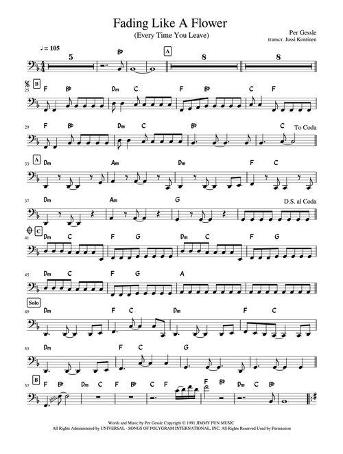 Fading Like A Flower (every Time You Leave) (Arr. Jussi Kontinen) - Roxette (Bass Tab)
