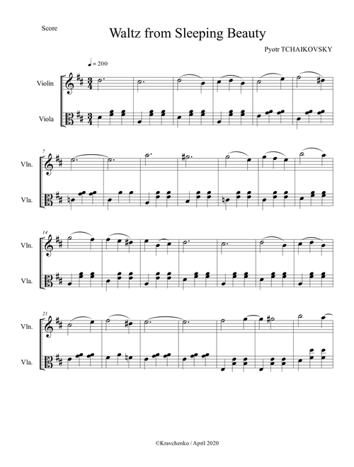 Pyotr Tchaikovsky - Waltz from Sleeping Beauty Ballet arr. for violin/viola duo (score and parts) (Arr. Maksym Kravchenko) (Instrumental Duet)