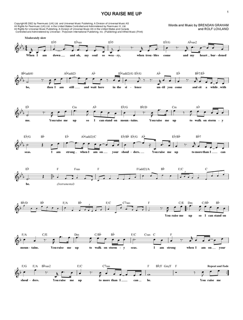 You Raise Me Up - Josh Groban, Secret Garden (Lead Sheet - Fake Book)