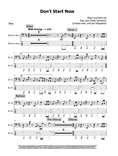 Don't Start Now (Arr. David Lartey) - Dua Lipa (Bass Tab)