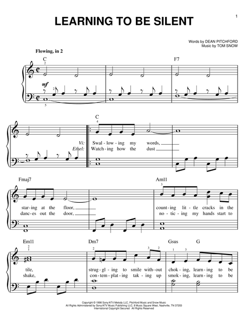 Learning To Be Silent - Dean Pitchford, Tom Snow, Footloose (Musical) (Easy Piano)