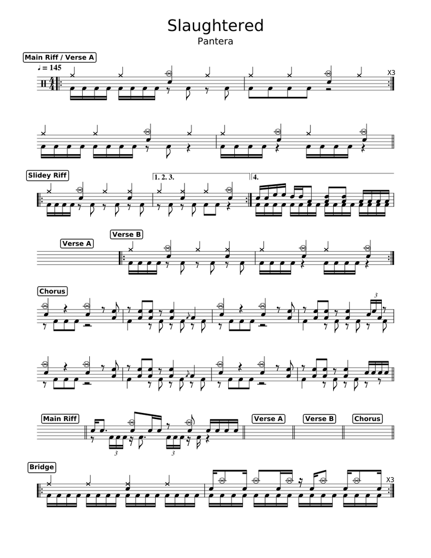 Pantera - Slaughtered (Drums) Sheet Music for Drum group (Solo
