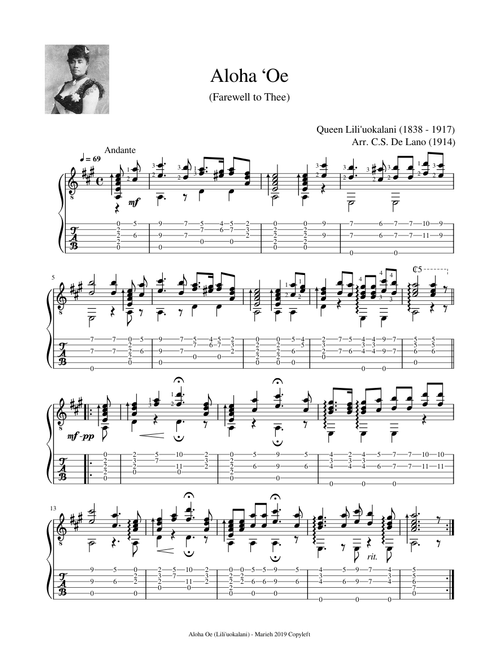 Aloha ʻOe (Farewell to Thee) - Quenn Lili'uokalani (1838 - 1917) - Tablature