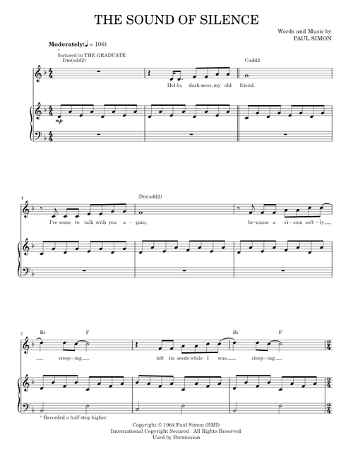 The Sound Of Silence - Simon & Garfunkel (Piano Vocal)