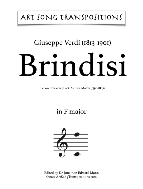 VERDI: Brindisi (second version, transposed to F major) (Arr. ArtSongTranspositions.com) - Giuseppe Verdi (Piano Vocal)