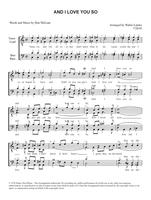 And I Love You So (Arr. Walter Latzko) - Perry Como (Choral, TTBB)