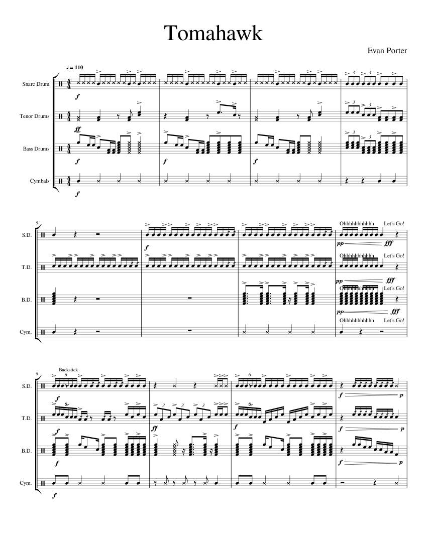 Tomahawk Sheet music for Snare drum, Crash, Tenor drum, Bass drum