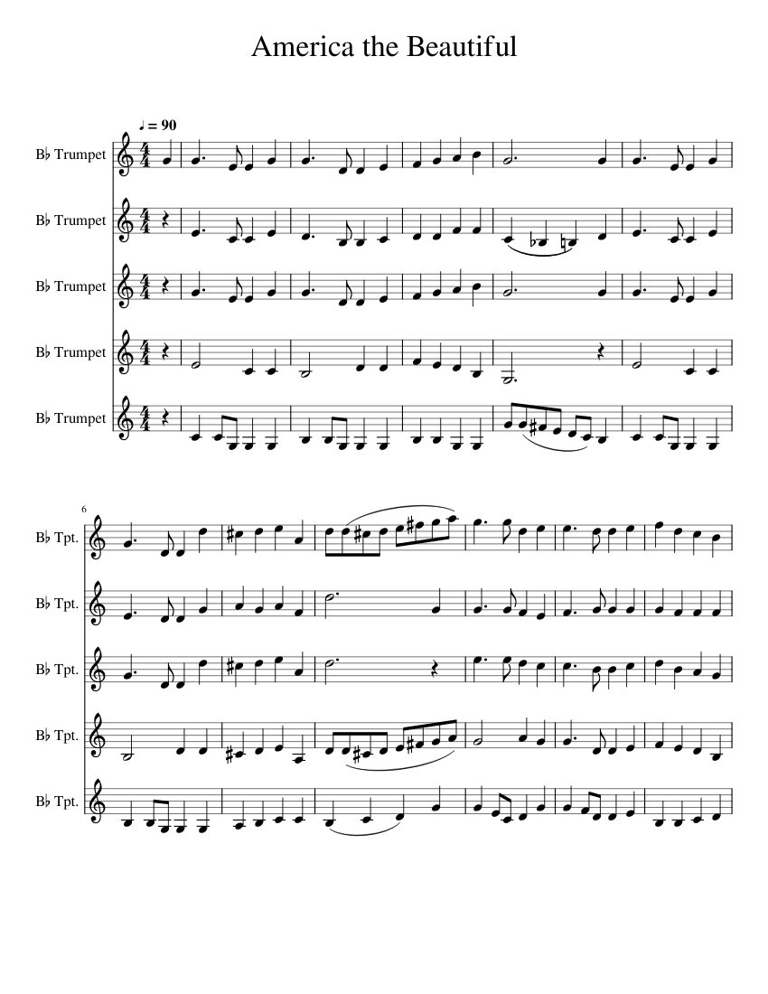 America the Beautiful Sheet music for Trumpet in bflat (Mixed Quintet