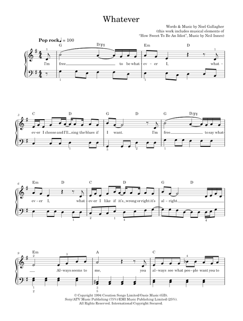 Whatever - Oasis (Easy Piano)