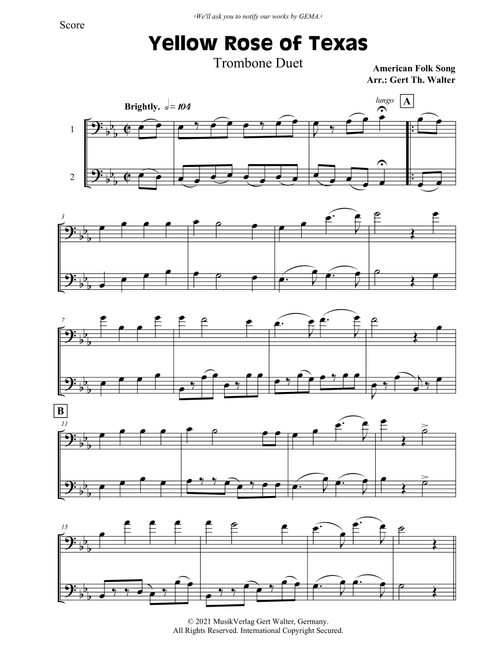 Yellow Rose of Texas (Arr. Gert Th. Walter) - American Folk Song (Trombone Duet)