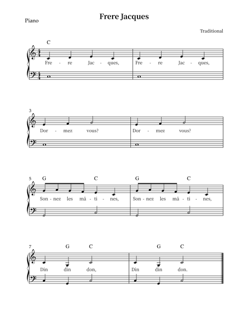 Frere Jacques (Are You Sleeping?) (Arr. Wesley S. SIlva) - Traditional (Piano-Vocal-Guitar (Piano Accompaniment))