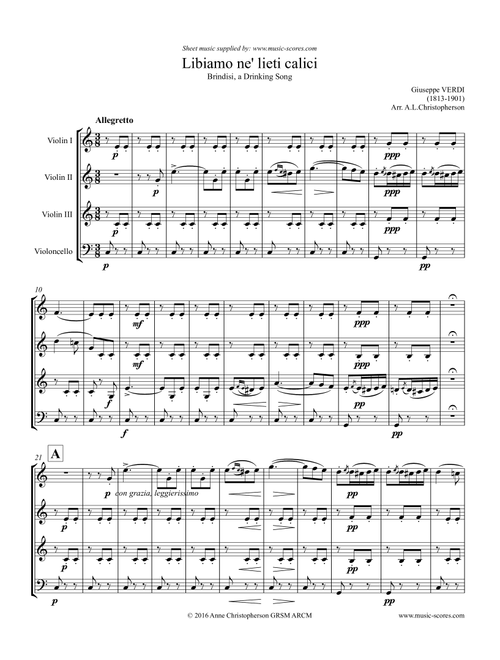 Verdi: Libiamo ne lieti calici - Brindisi from La Traviata - 3 Violins & Cello (Arr. Anne Christopherson GRSM ARCM) - Verdi Giuseppe (Instrumental Duet)