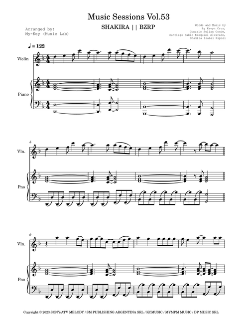 Shakira: Bzrp Music Sessions Vol. 53 (Arr. My-Key (Music Lab)) - Shakira / Bizarrap (Violin and Piano)