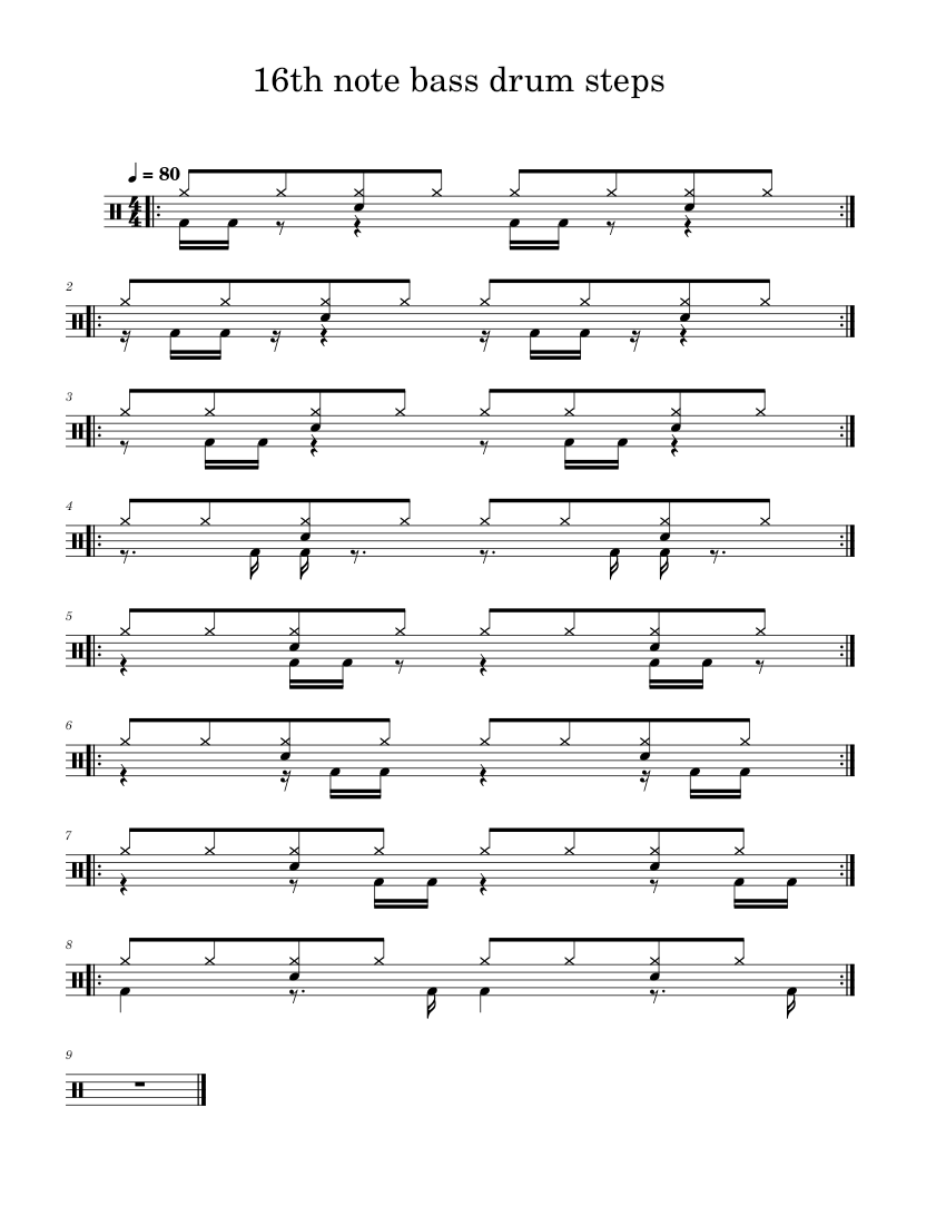 16th note bass drum steps Sheet music for Drum group (Solo)