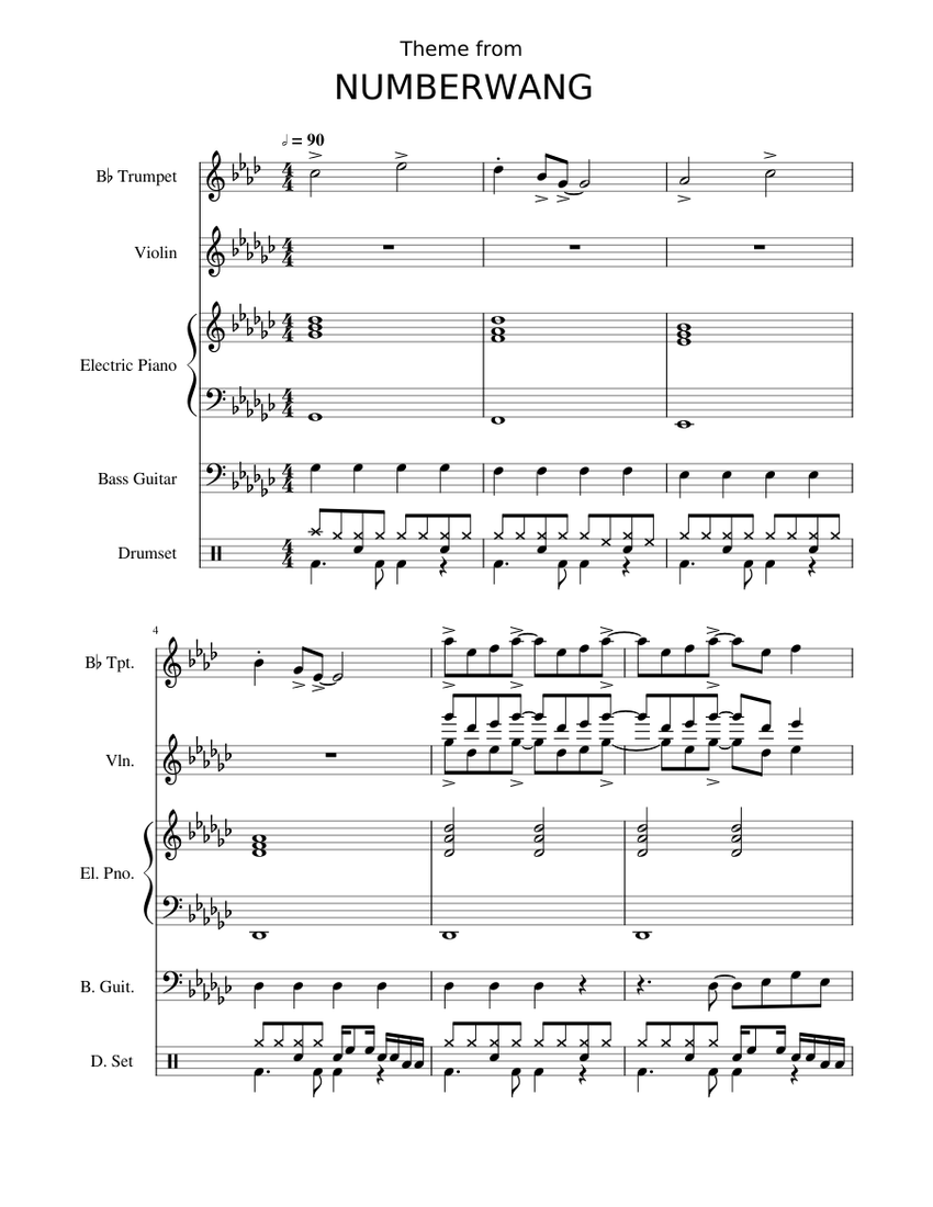 Numberwang theme Sheet Music for Piano, Trumpet in b-flat, Violin, Bass ...
