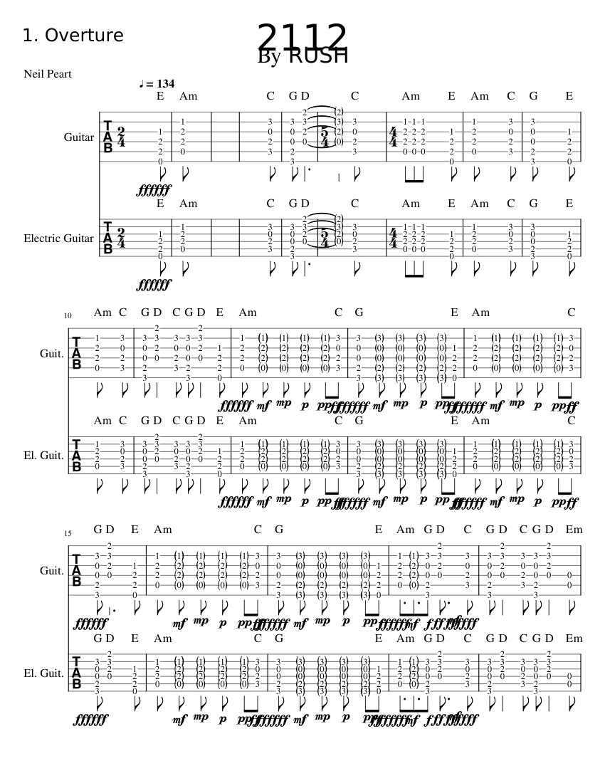 2112 Sheet Music and Tab with Chords for Guitar (Mixed Duet