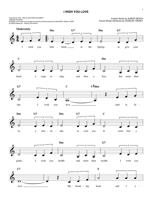 I Wish You Love - Gloria Lynne (Easy Lead Sheet - Fake Book)