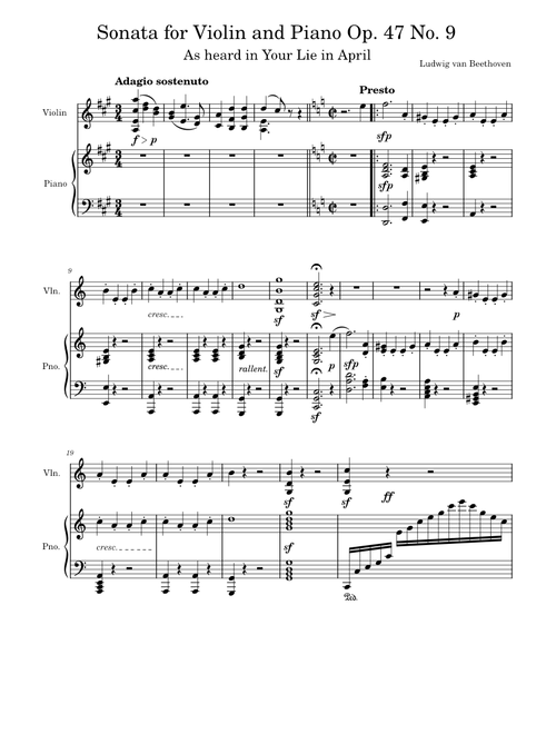 "Kreutzer" Sonata for Violin and Piano Op. 47 No. 9 as heard in Your Lie in April
