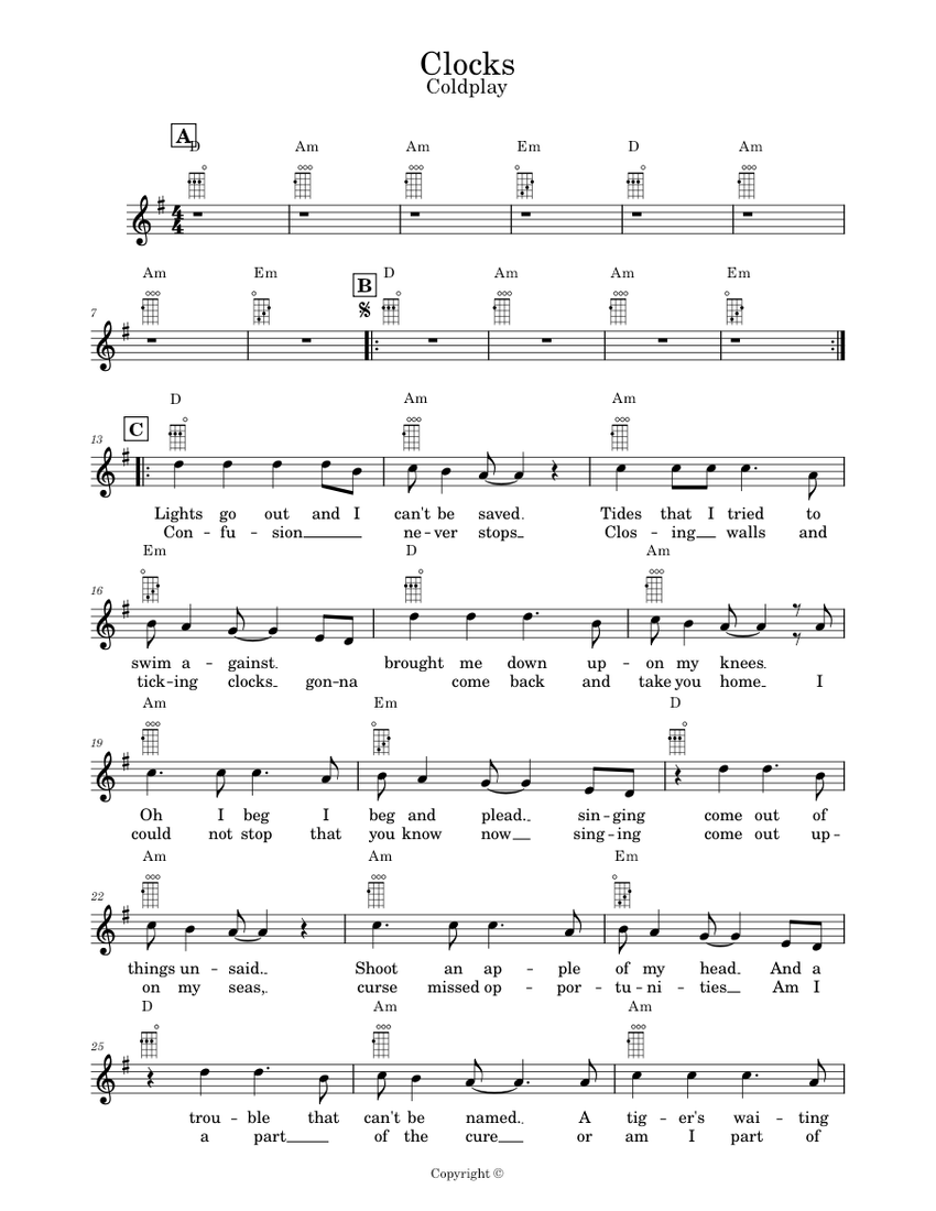 Clocks Ukulele and Voice Sheet music for Piano (Mixed Ensemble