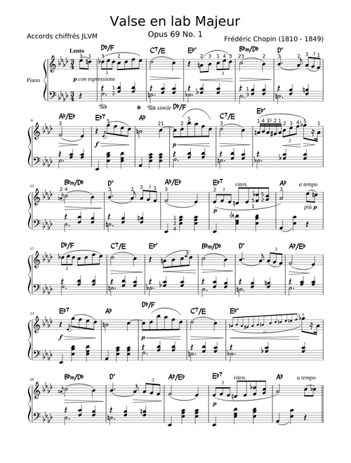 Chopin Valse en Ab Op. 69, nº 1 avec accords chiffrés et doigtés