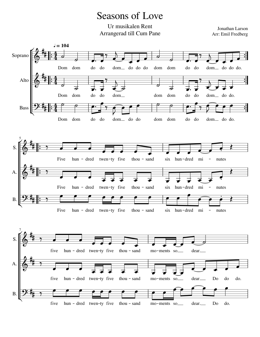 Seasons of Love Sheet Music for Soprano, Alto, Bass voice (SATB ...