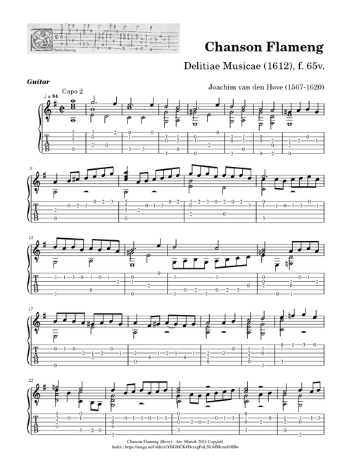 Chanson Flameng - Joachim van den Hove (1567-1620) - Tablature