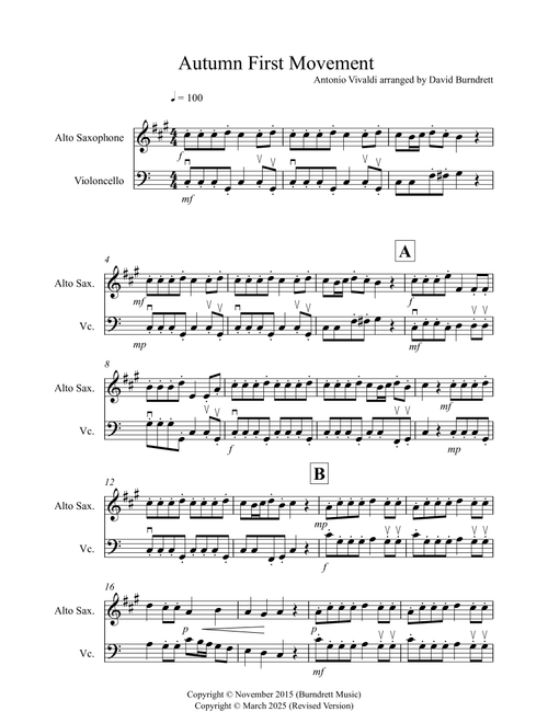 Autumn "Four Seasons" for Alto Saxophone and Cello Duet (Arr. David Burndrett) - Antonio Vivaldi (Instrumental Duet)