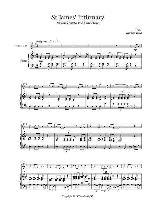 St James' Infirmary. for Solo Trumpet and Piano (Arr. Tim Curd) - trad. (Trumpet and Piano)