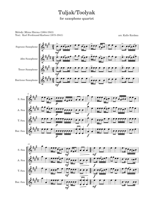 Tuljak/Toolyak for saxophone quartet