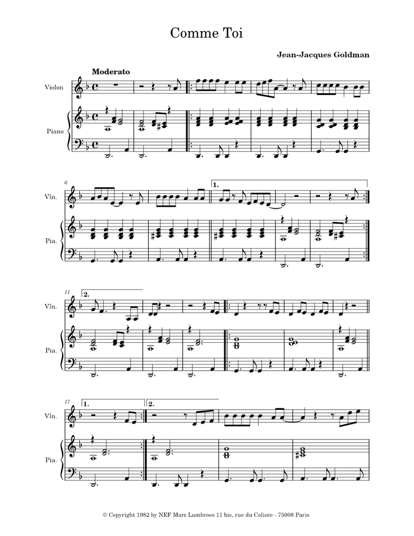 Comme toi – Jean-Jacques Goldman Sheet Music for Piano, Violin (Solo ...