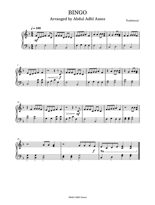 BINGO Easy Beginner (Arr. Abdul Adhl Azeez) - Traditional (Easy Piano)